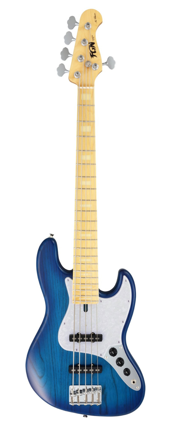 FGN FGJB100MBAHVSBB Bass Guitar, Neo Classic JB-100, 5-String Bass, See-Thru Blue Burst, Gig Bag
