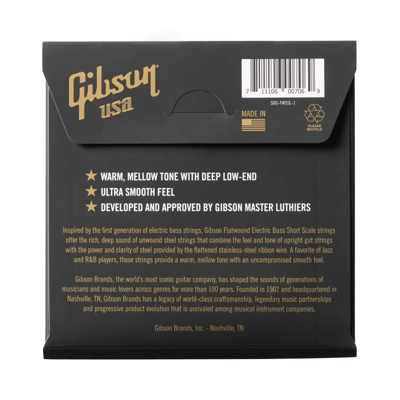 Gibson Flatwound Electric Bass Strings, Short Scale, Light Gauge