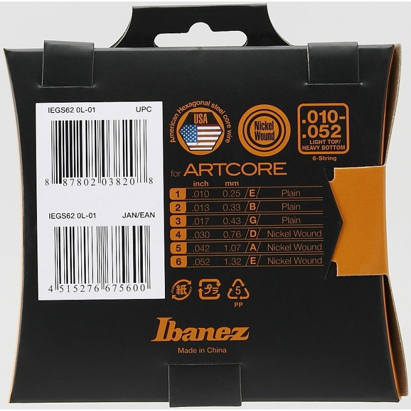 Ibanez IEGS62 String Set for 6 String Artcore E-Guitar - Light Top/Heavy Bottom
