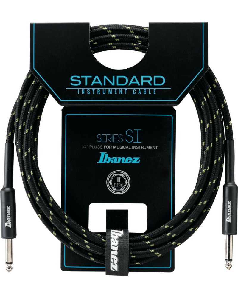 Ibanez SI10-BG SI Series (Standard) Guitar Instrument Cable- 2 Straight Plugs Woven - Male - Male, Black x Green - 3,05 