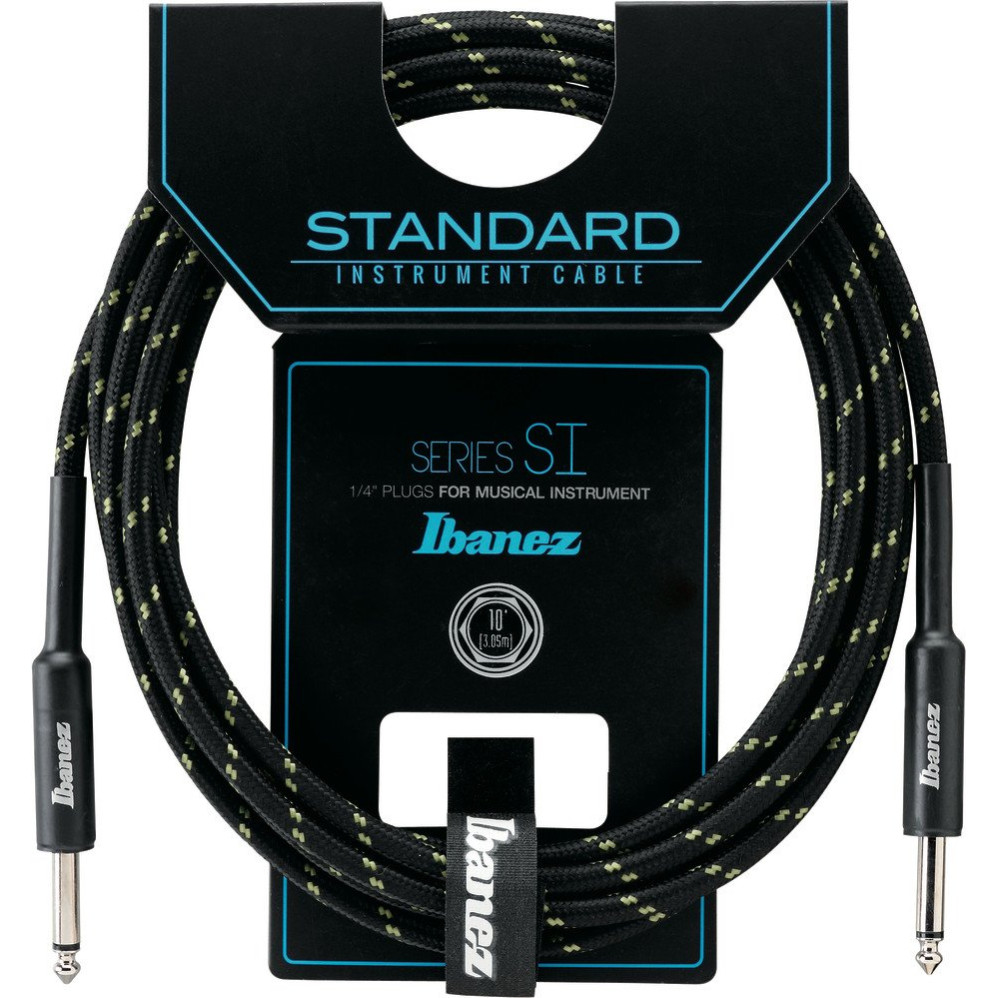 Ibanez SI10-BG SI Series (Standard) Guitar Instrument Cable- 2 Straight Plugs Woven - Male - Male, Black x Green - 3,05 
