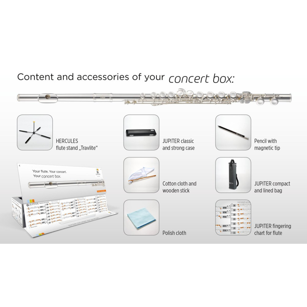 Jupiter JFL700EC-CBOX-EN Flute, E mechanism, Solid-silver riser, Concertbox, English
