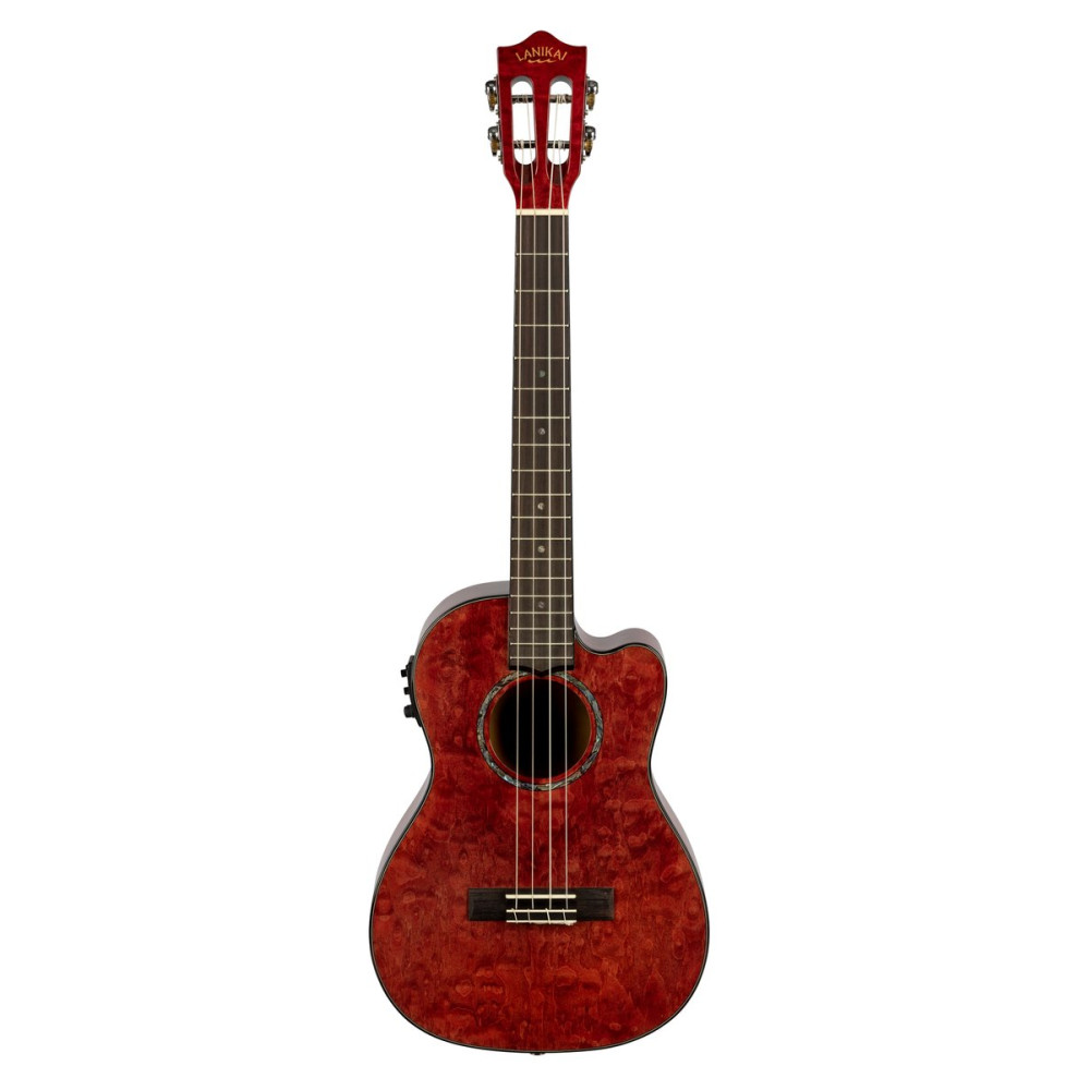Lanikai LKUQM-RDCEB Baritone Ukulele, Quilted Maple Series, Red, Cutaway, Preamp, Softcase