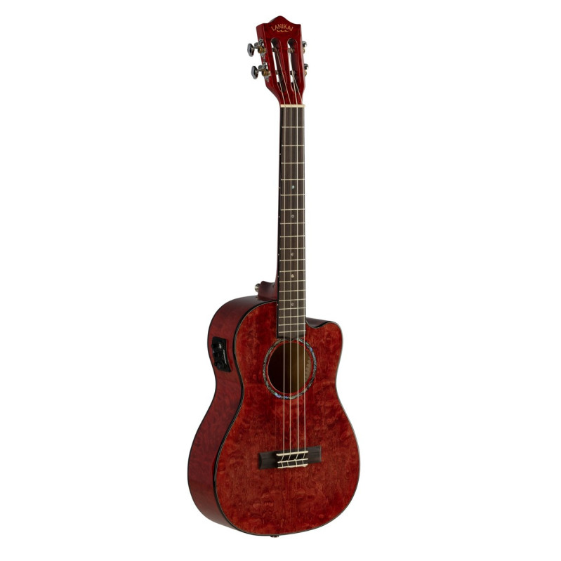 Lanikai LKUQM-RDCEB Baritone Ukulele, Quilted Maple Series, Red, Cutaway, Preamp, Softcase