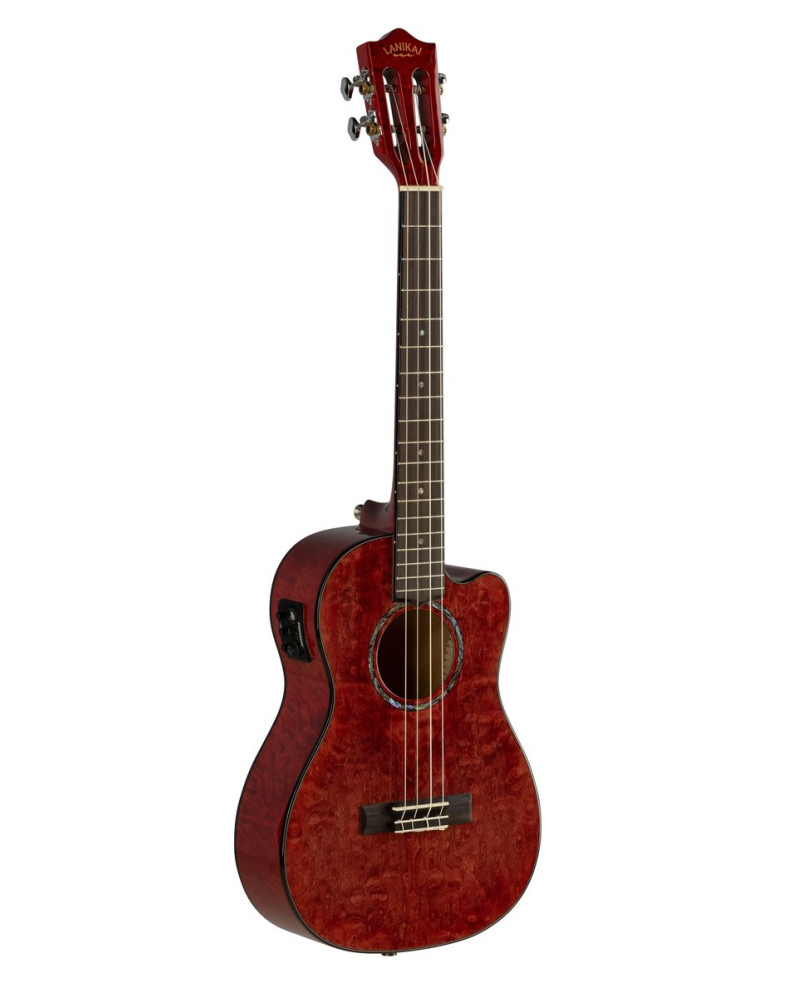 Lanikai LKUQM-RDCEB Baritone Ukulele, Quilted Maple Series, Red, Cutaway, Preamp, Softcase