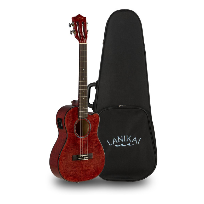Lanikai LKUQM-RDCEB Baritone Ukulele, Quilted Maple Series, Red, Cutaway, Preamp, Softcase