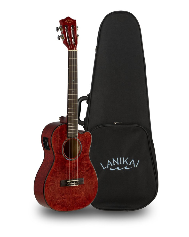 Lanikai LKUQM-RDCEB Baritone Ukulele, Quilted Maple Series, Red, Cutaway, Preamp, Softcase