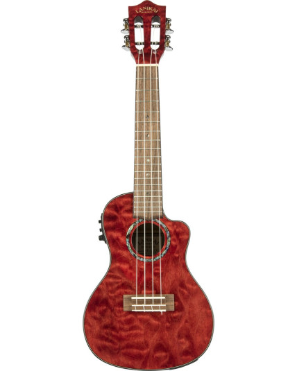 Lanikai LKUQM-RDCEC Concert Ukulele, Quilted Maple Series, Red, Cutaway, Preamp, S oftcase