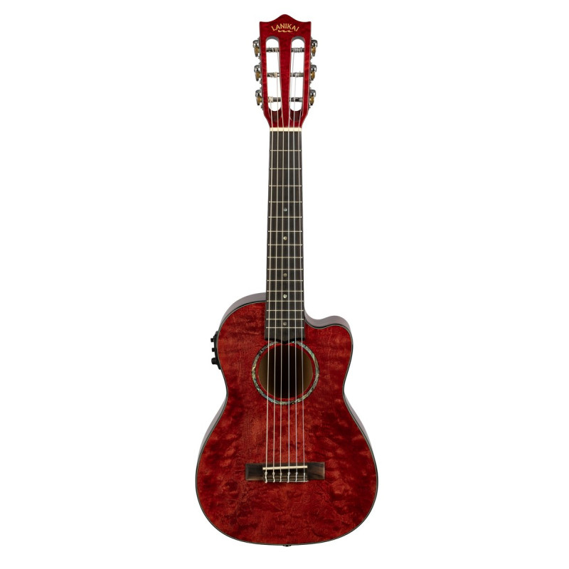 Lanikai LKUQM-RDCEG Guitarlele, Quilted Maple Series, Red, Cutaway, Preamp, Softca se