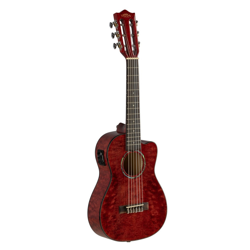 Lanikai LKUQM-RDCEG Guitarlele, Quilted Maple Series, Red, Cutaway, Preamp, Softca se