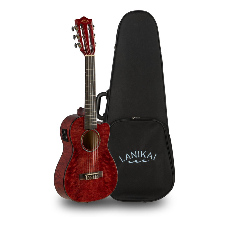 Lanikai LKUQM-RDCEG Guitarlele, Quilted Maple Series, Red, Cutaway, Preamp, Softca se
