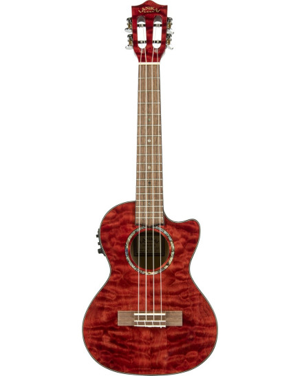 Lanikai LKUQM-RDCET Tenor Ukulele, Quilted Maple Series, Red, Cutaway, Preamp, Sof tcase