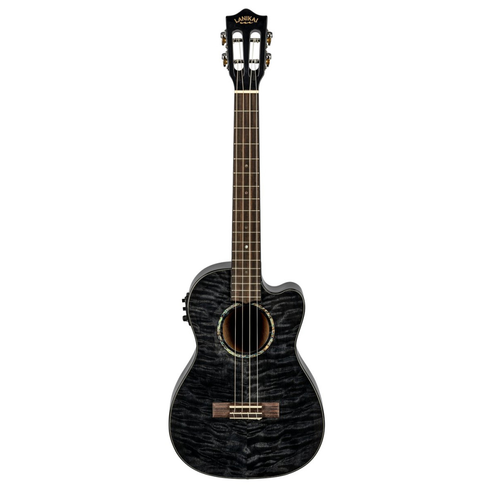 Lanikai LKUQMBKCEB Baritone Ukulele, Quilted Maple Series, Black, Cutaway, Preamp , Softcase