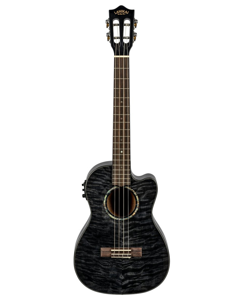 Lanikai LKUQMBKCEB Baritone Ukulele, Quilted Maple Series, Black, Cutaway, Preamp , Softcase