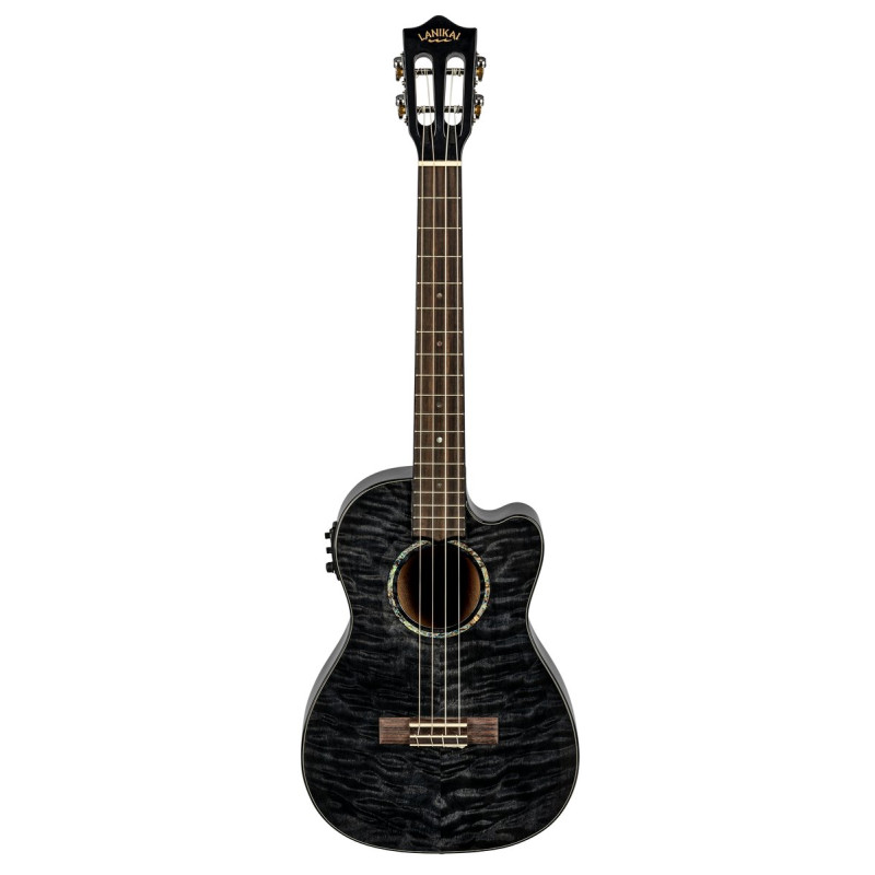Lanikai LKUQMBKCEB Baritone Ukulele, Quilted Maple Series, Black, Cutaway, Preamp , Softcase