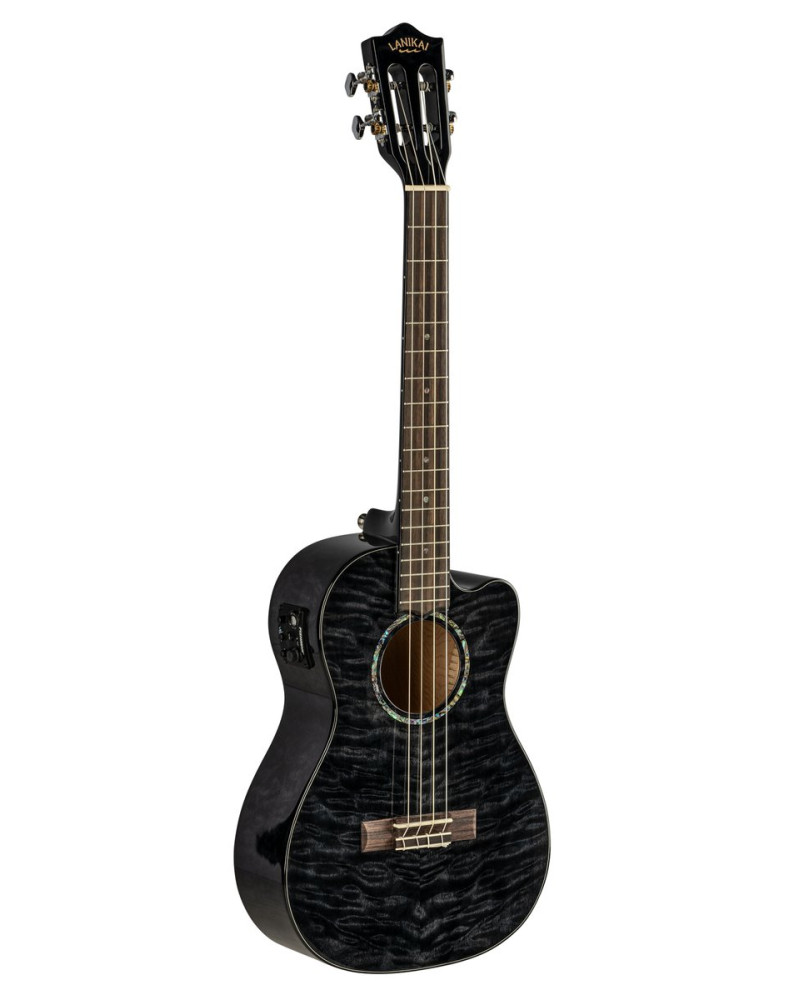 Lanikai LKUQMBKCEB Baritone Ukulele, Quilted Maple Series, Black, Cutaway, Preamp , Softcase