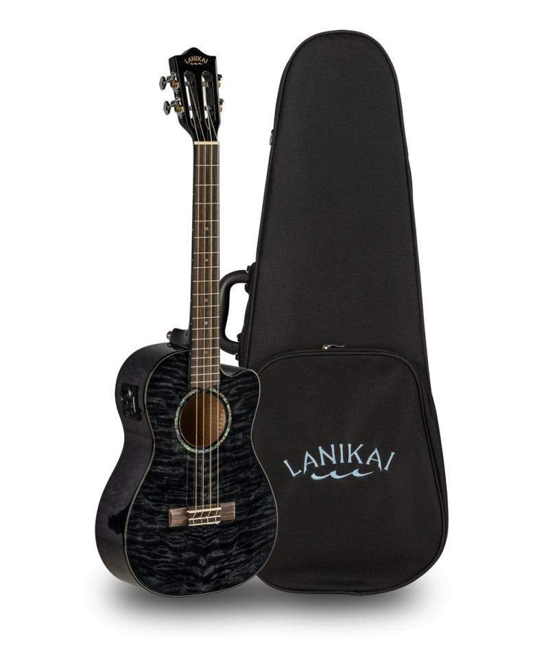 Lanikai LKUQMBKCEB Baritone Ukulele, Quilted Maple Series, Black, Cutaway, Preamp , Softcase