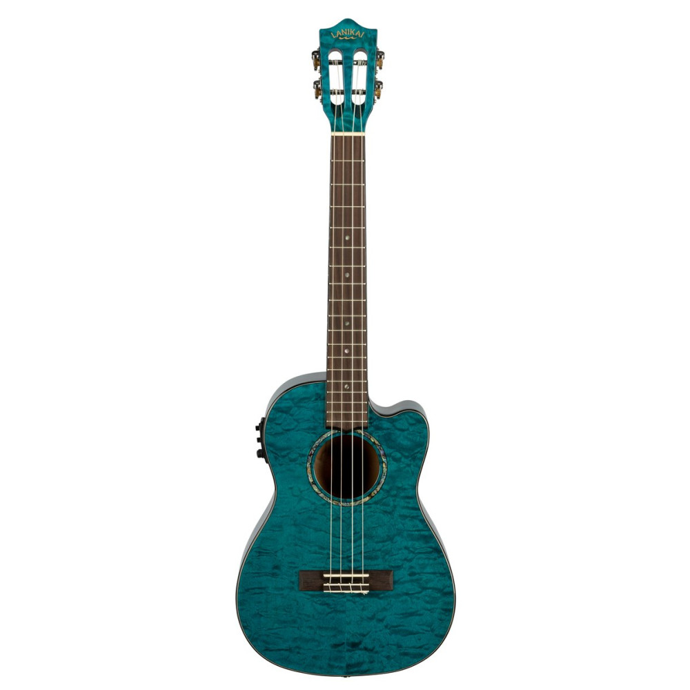 Lanikai LKUQMBLCEB Baritone Ukulele, Quilted Maple Series, Blue, Cutaway, Preamp, Softcase