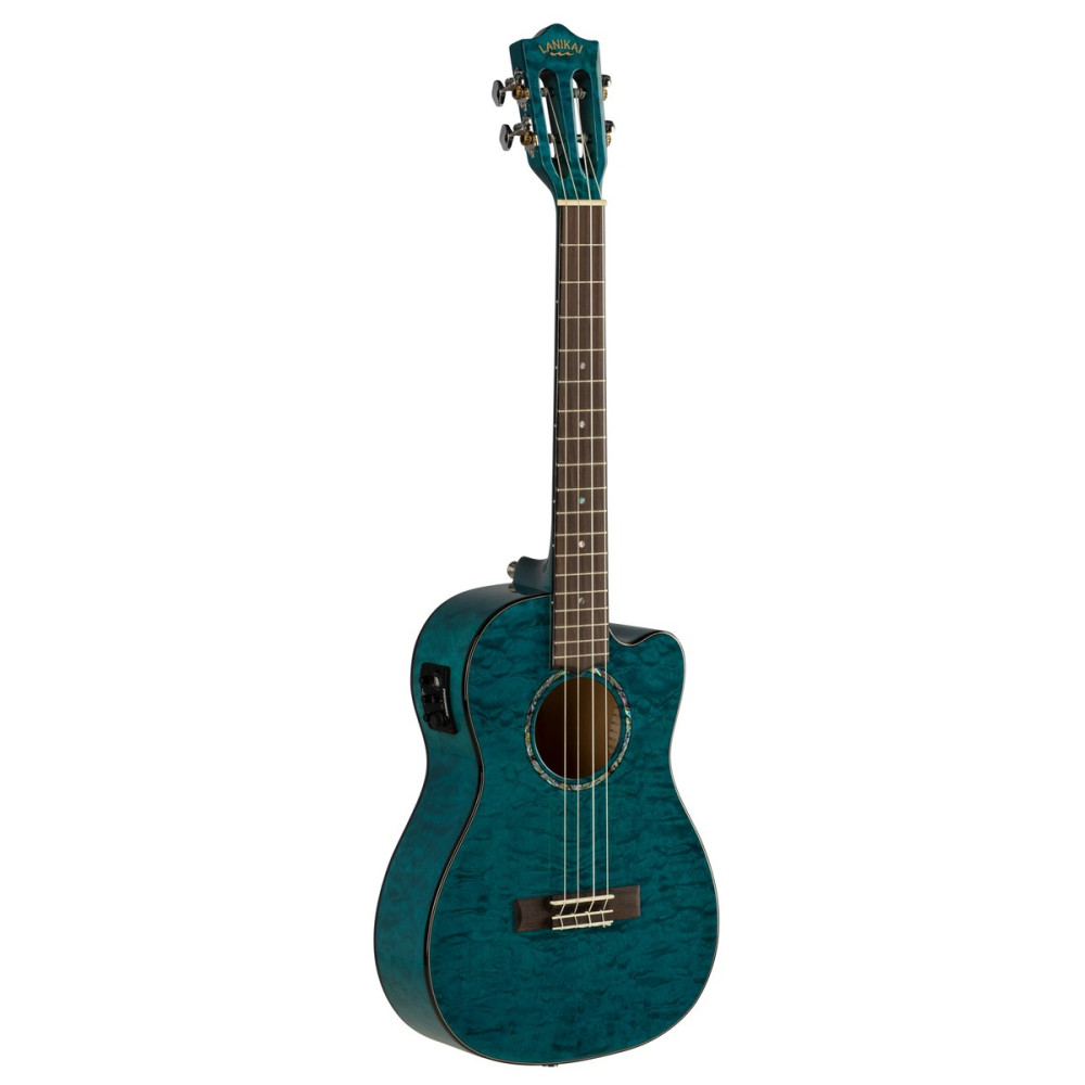Lanikai LKUQMBLCEB Baritone Ukulele, Quilted Maple Series, Blue, Cutaway, Preamp, Softcase