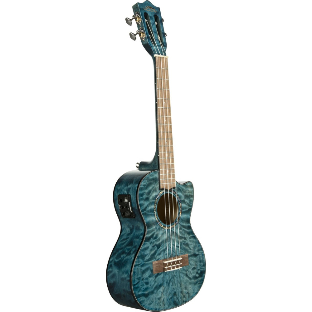 Lanikai LKUQMBLCET Tenor Ukulele, Quilted Maple Series,  Blue, Cutaway, Preamp, S oftcase