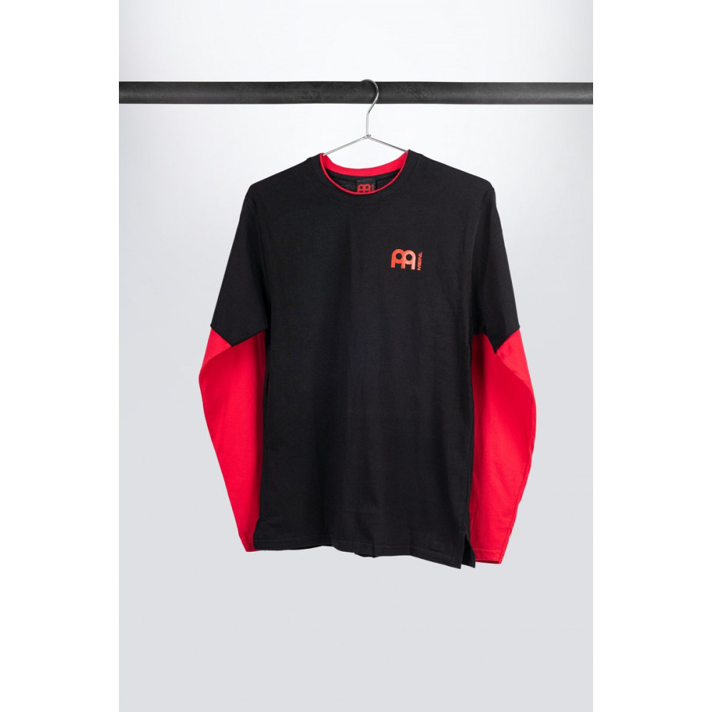 Black Meinl longsleeve with red sleeves and logo on left chest and back