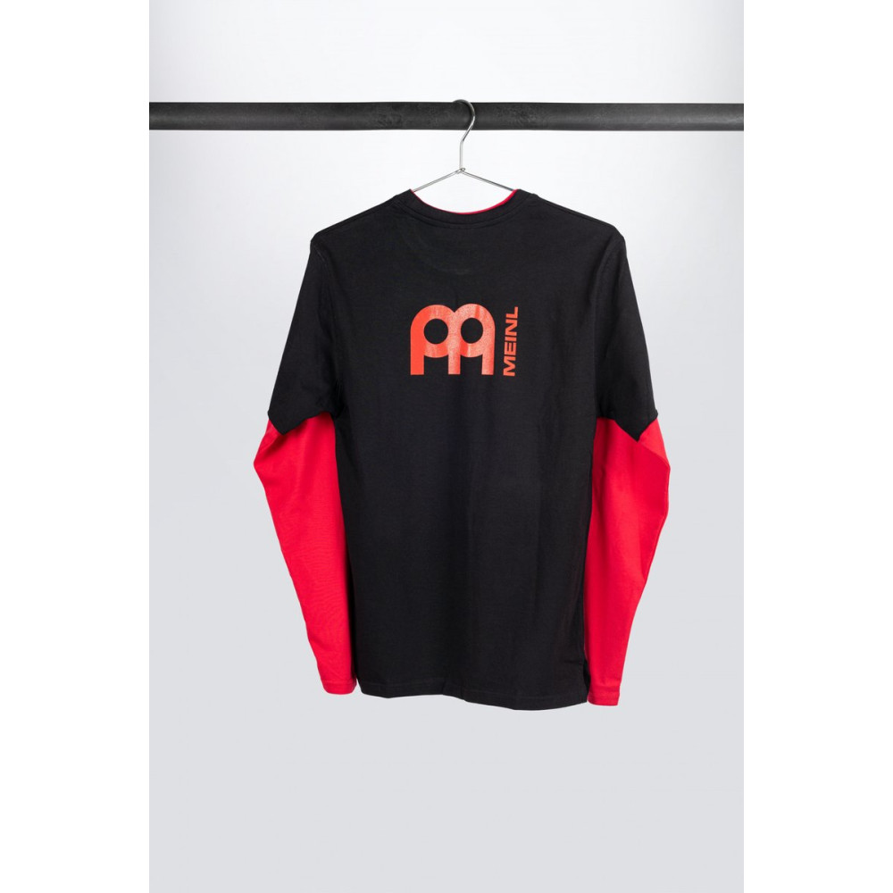 Black Meinl longsleeve with red sleeves and logo on left chest and back
