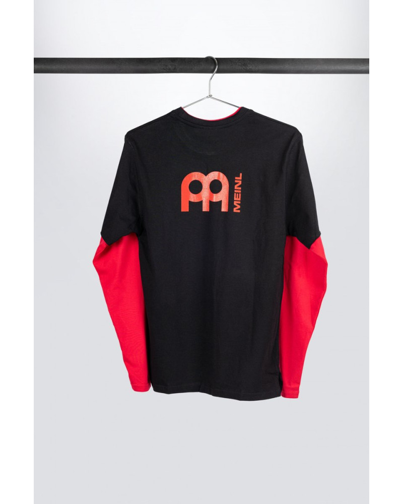 Black Meinl longsleeve with red sleeves and logo on left chest and back