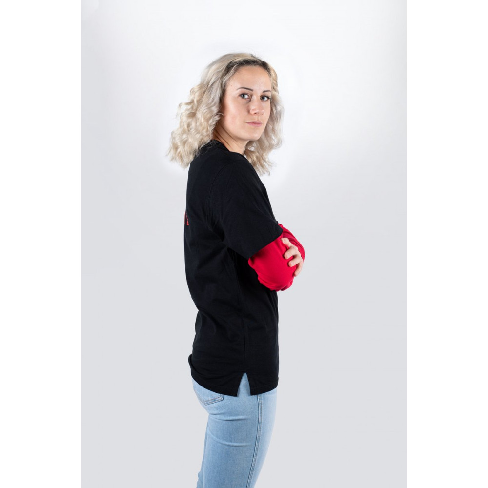 Black Meinl longsleeve with red sleeves and logo on left chest and back
