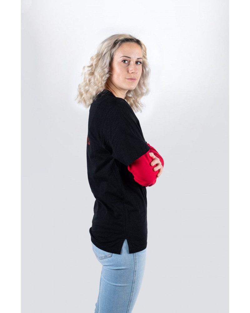 Black Meinl longsleeve with red sleeves and logo on left chest and back