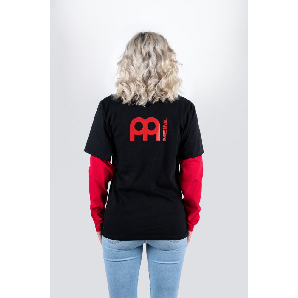 Black Meinl longsleeve with red sleeves and logo on left chest and back