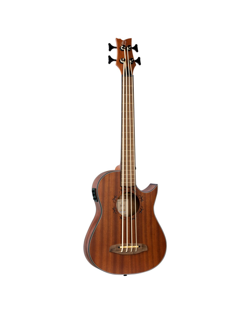 Ortega 1B-LIZZY-PRO Lizard Series Short Scale Fretless Uke Bass 4 String - Solid Mahogany Natural + Bag