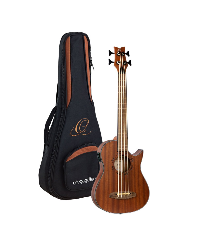 Ortega 1B-LIZZY-PRO Lizard Series Short Scale Fretless Uke Bass 4 String - Solid Mahogany Natural + Bag