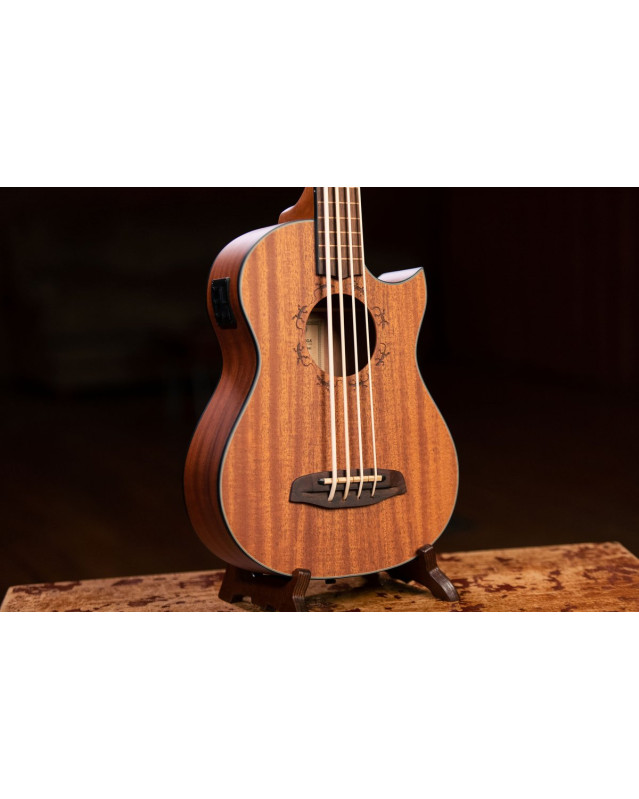 Ortega 1B-LIZZY-PRO Lizard Series Short Scale Fretless Uke Bass 4 String - Solid Mahogany Natural + Bag