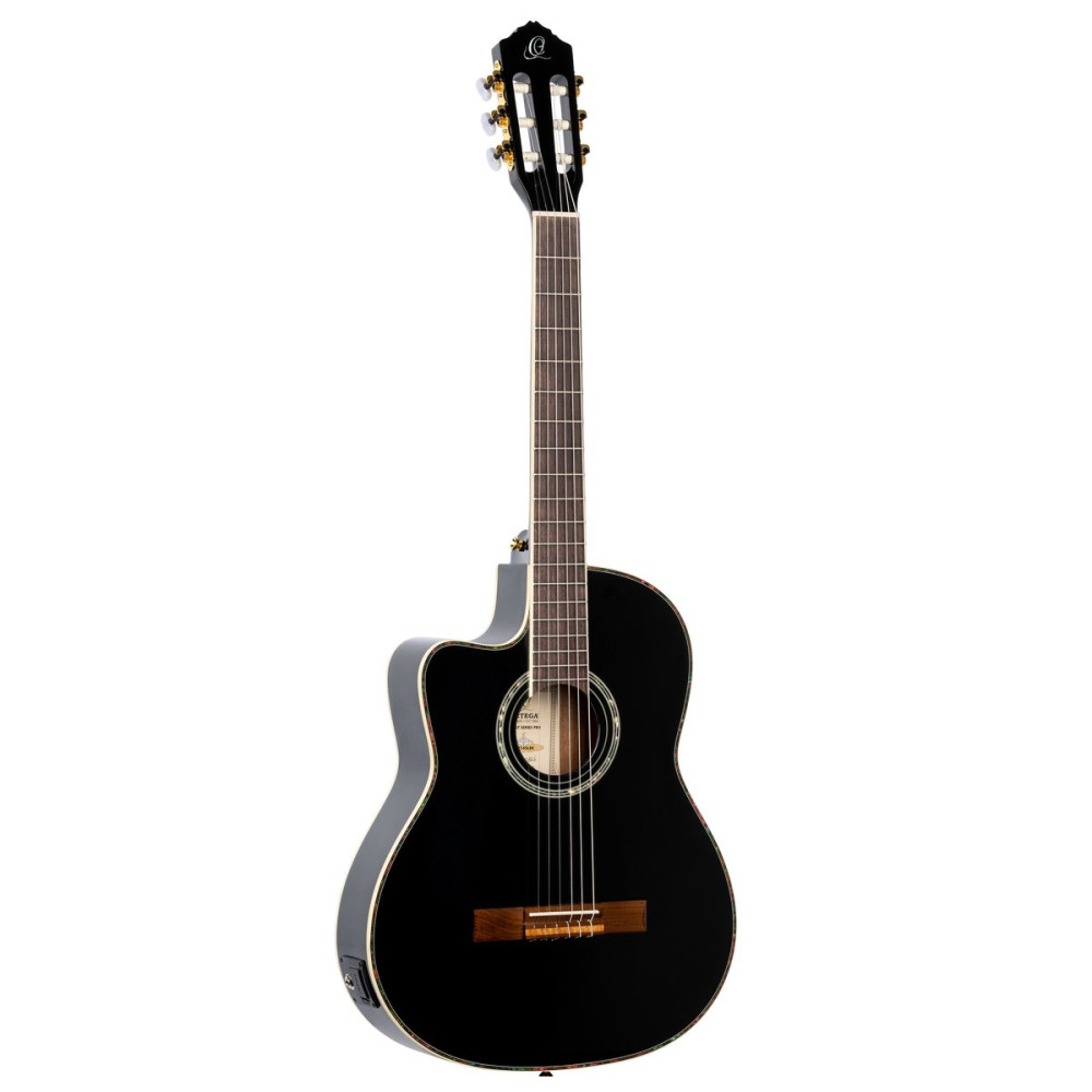 Ortega 1B-RCE145LBK Classical Guitar Family Series Pro 4/4 inclusive Gigbag Thinline Body Slim Neck Lefthand - black