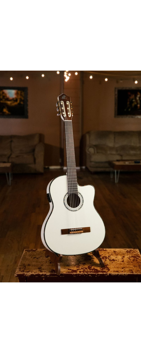 Ortega 1B-RCE145WH Family Series Pro Classical Guitar 4/4 Thinline Body Slim Neck - White + Bag
