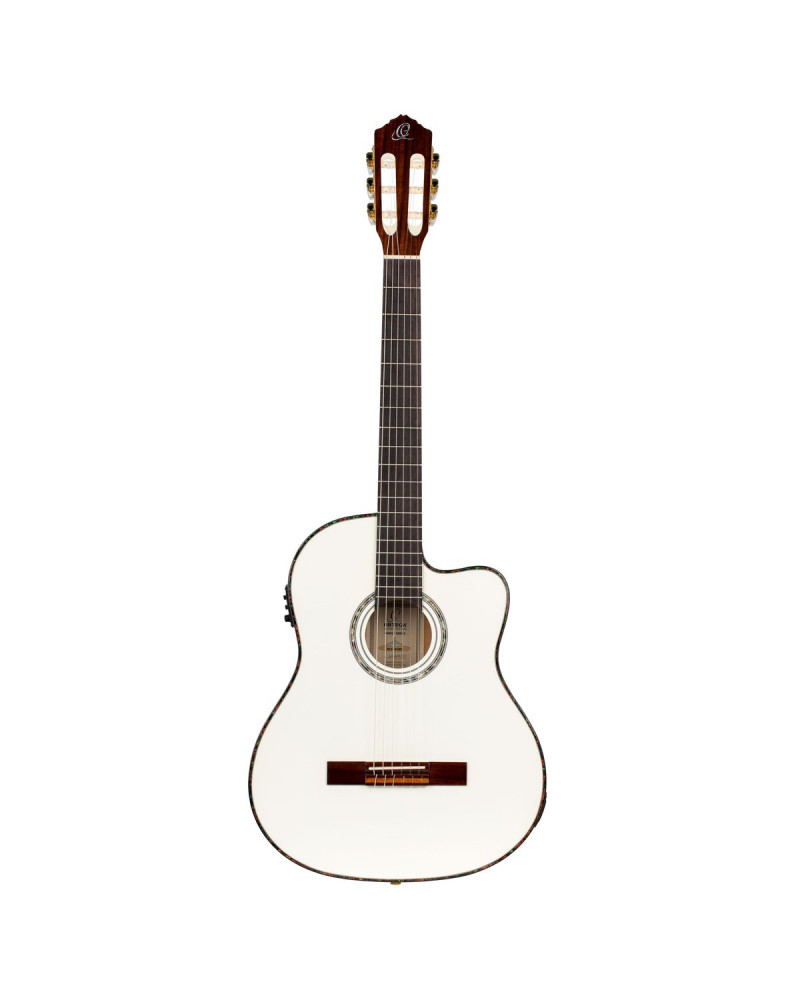 Ortega 1B-RCE145WH Family Series Pro Classical Guitar 4/4 Thinline Body Slim Neck - White + Bag