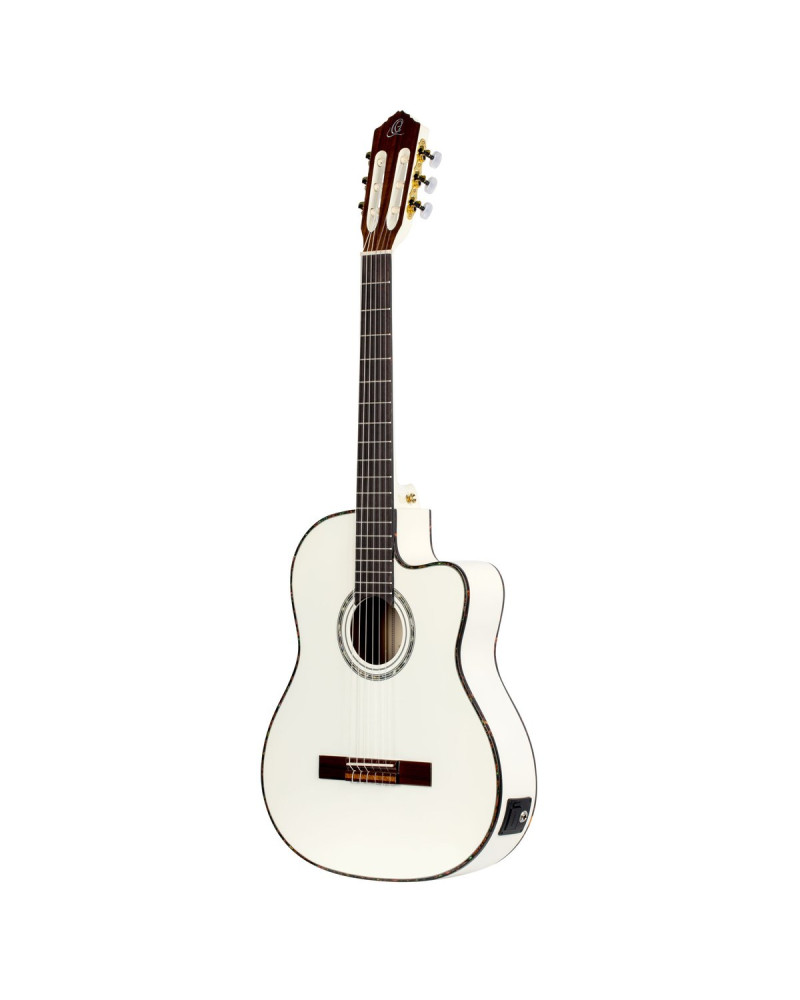 Ortega 1B-RCE145WH Family Series Pro Classical Guitar 4/4 Thinline Body Slim Neck - White + Bag