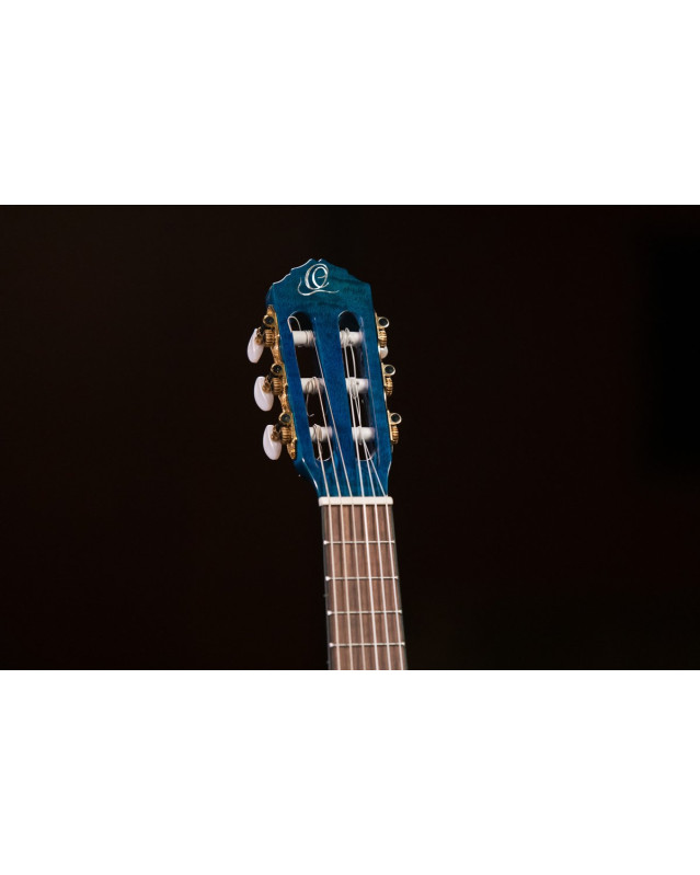 Ortega 1B-RGLE18BLF Mini Travel Series 1/8 Guitar 6 String - Flamed Mahogany Faded Blue + Bag