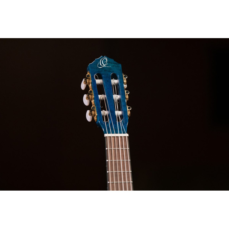 Ortega 1B-RGLE18BLF Mini Travel Series 1/8 Guitar 6 String - Flamed Mahogany Faded Blue + Bag