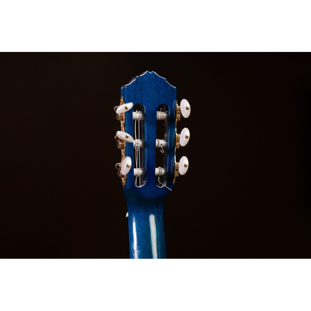 Ortega 1B-RGLE18BLF Mini Travel Series 1/8 Guitar 6 String - Flamed Mahogany Faded Blue + Bag