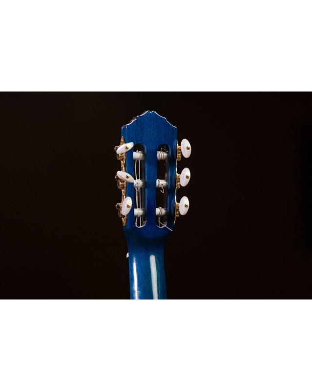 Ortega 1B-RGLE18BLF Mini Travel Series 1/8 Guitar 6 String - Flamed Mahogany Faded Blue + Bag