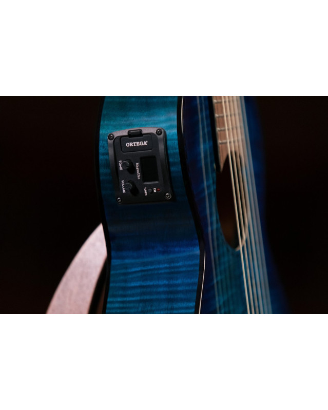 Ortega 1B-RGLE18BLF Mini Travel Series 1/8 Guitar 6 String - Flamed Mahogany Faded Blue + Bag