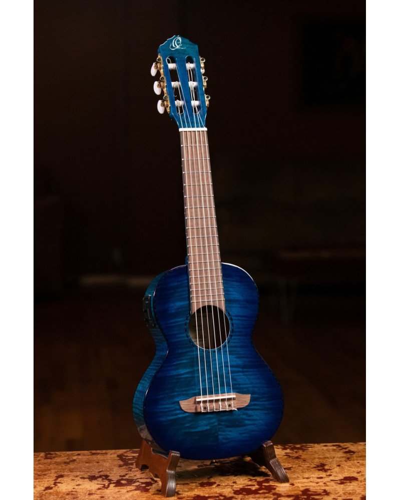 Ortega 1B-RGLE18BLF Mini Travel Series 1/8 Guitar 6 String - Flamed Mahogany Faded Blue + Bag