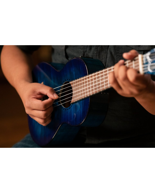 Ortega 1B-RGLE18BLF Mini Travel Series 1/8 Guitar 6 String - Flamed Mahogany Faded Blue + Bag