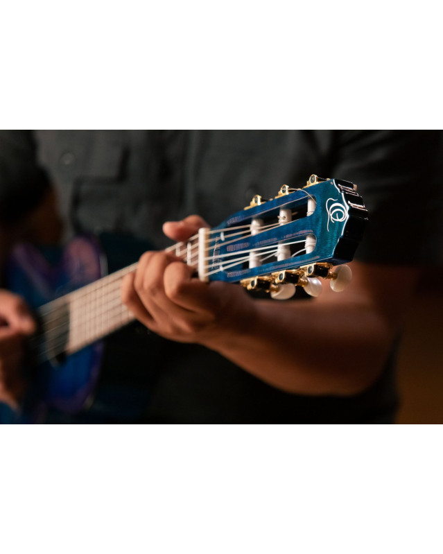 Ortega 1B-RGLE18BLF Mini Travel Series 1/8 Guitar 6 String - Flamed Mahogany Faded Blue + Bag