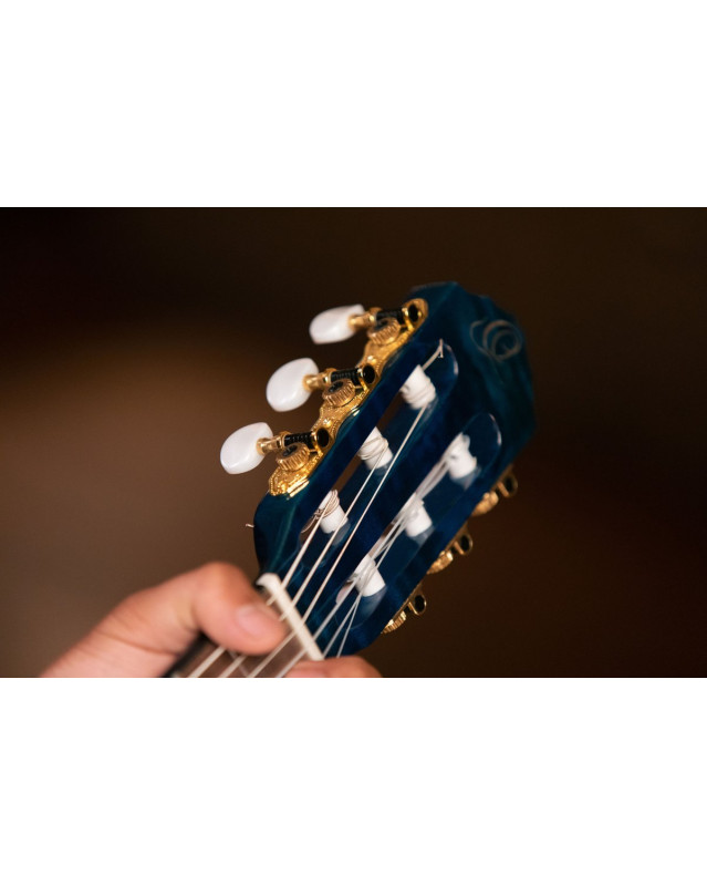 Ortega 1B-RGLE18BLF Mini Travel Series 1/8 Guitar 6 String - Flamed Mahogany Faded Blue + Bag