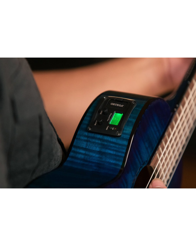 Ortega 1B-RGLE18BLF Mini Travel Series 1/8 Guitar 6 String - Flamed Mahogany Faded Blue + Bag
