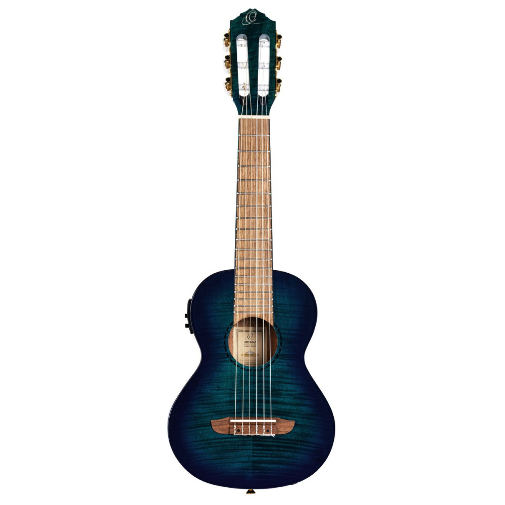 Ortega 1B-RGLE18BLF Mini Travel Series 1/8 Guitar 6 String - Flamed Mahogany Faded Blue + Bag