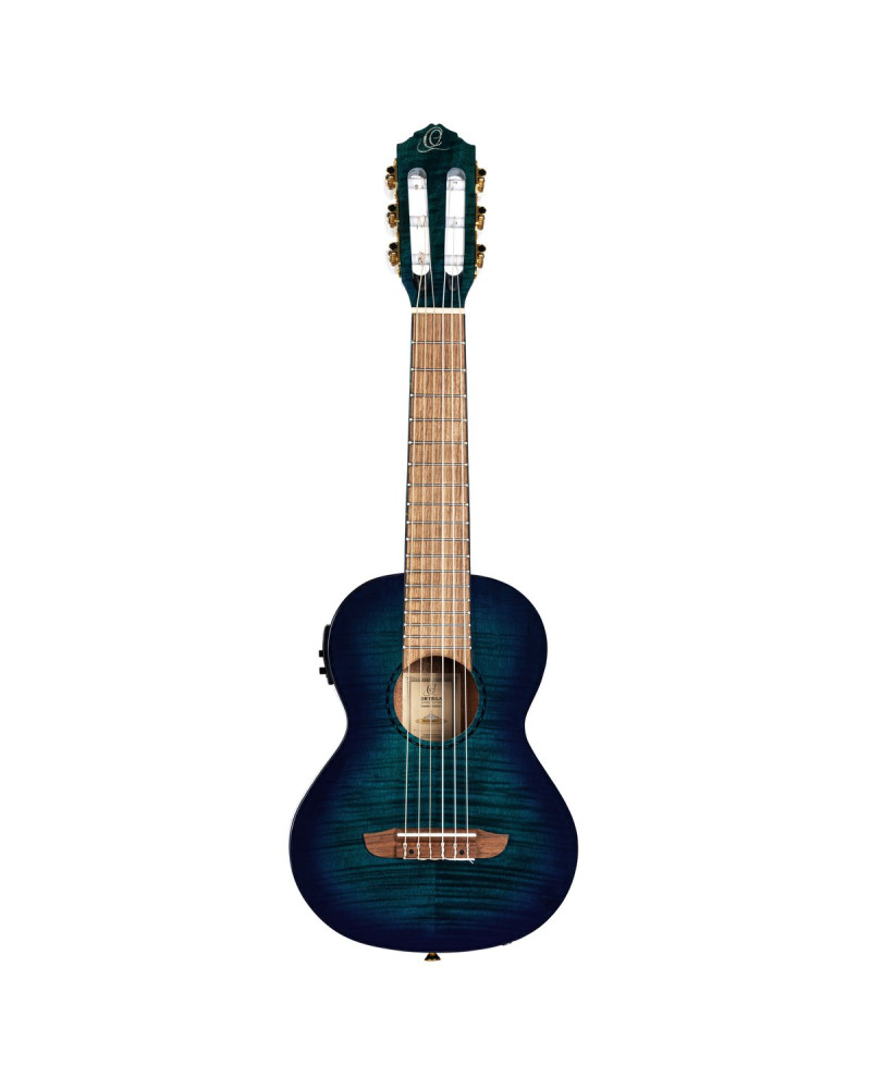 Ortega 1B-RGLE18BLF Mini Travel Series 1/8 Guitar 6 String - Flamed Mahogany Faded Blue + Bag
