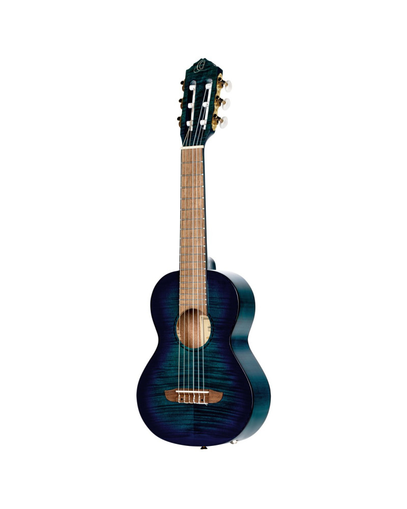 Ortega 1B-RGLE18BLF Mini Travel Series 1/8 Guitar 6 String - Flamed Mahogany Faded Blue + Bag